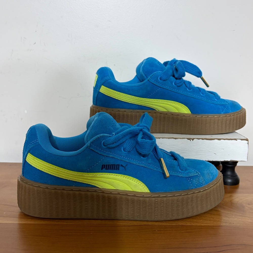 Fenty x Puma Creeper Phatty Blue Lime Green Suede Platform Sneakers Size 5.5